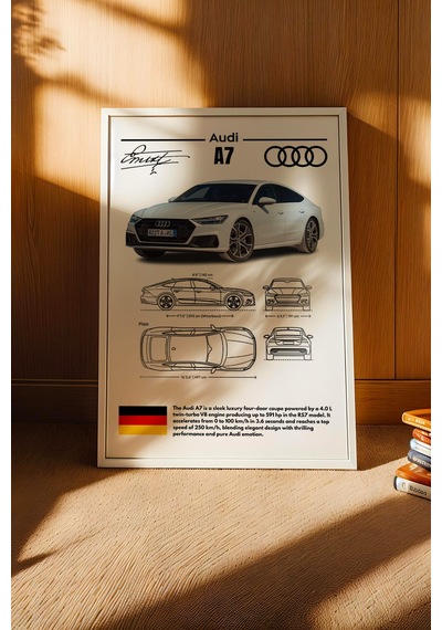 Audi A7 Tablo - Teknik Özellikli Alman Sportback Poster - Çerçeveli Duvar Dekoru - Araba Blueprint Beyaz