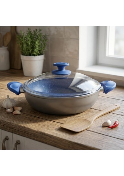 Argos 26 Cm Karnıyarık Tenceresi - Gri Gövde Ve Mavi Kırçıllı Özel Kaplama - Ergonomik Tasarımlı - Cam Kapaklı