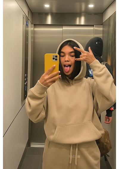 Benroma 3 İplik Penye Kapüşonlu Oversize Sweat Bej