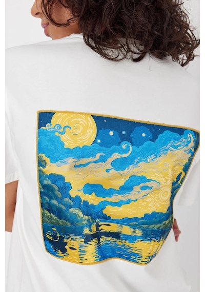 Yapay Zeka Tasarım Sırt Aplike Özel Baskılı %100 Pamuklu Penye Regular Fit T-shirt Vangogh Beyaz