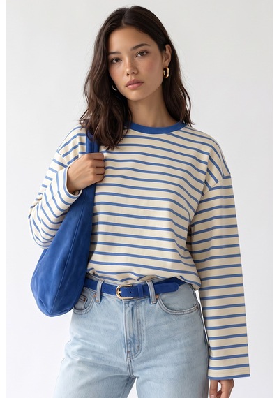 Mixray 2236 Çizgili Bisiklet Yaka Uzun Kol Oversize Sweatshirt Mavi
