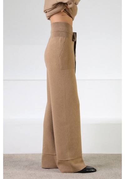 Ferraro Camel Beli Kuşaklı Cepli Kaşmirli Kadın Triko Pantolon Camel