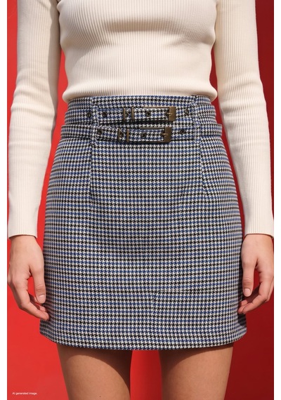 Sateen Kazayağı Desenli Mini Etek - Mavi-137947
