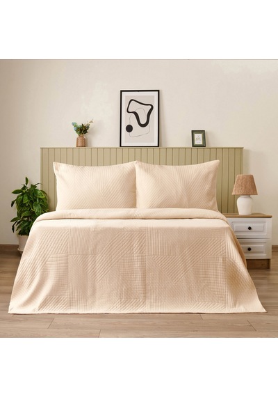 Soft Sara Çift Kişilik Yatak Örtüsü Seti - Bej - 220x240 Cm + 50x70 Cm Çok Renkli