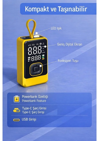 Taşınabilir Hava Pompası, Dijital Ekranlı Lastik Şişirme Kompresörü, Led Işıklı, Type-c Şarjlı, Powerbank