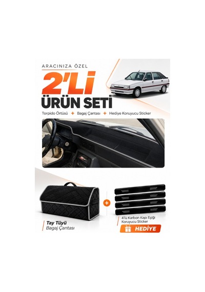 Renault 11 Flash 1989-1996 Uyumlu Torpido Örtüsü + Tay Tüyü Bagaj Çantası + Sticker - Siyah Gri