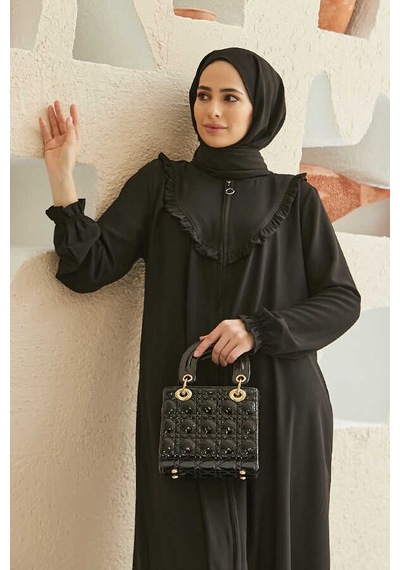 Neways 6619-fırfırlı Ferace Siyah Siyah