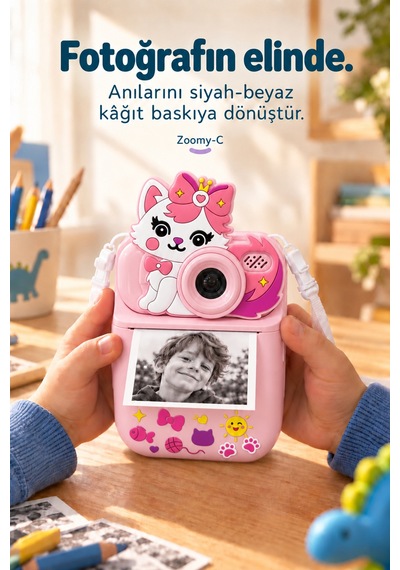 Kj/zm-001 Zoomy-c Kedi Figürlü Anında Baskılı Çocuk Fotoğraf Makinesi, Çift Kamera, 2,4 İnç Ekran, 1080p Video, 3+ Yaş Pembe
