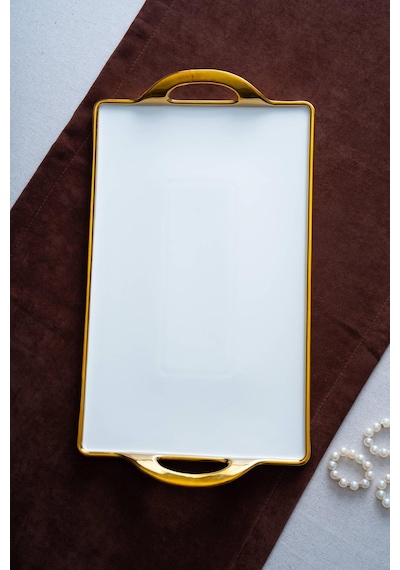 Acar Arven Dikdörtgen Gold Sunum Tepsi - 45 Cm Beyaz