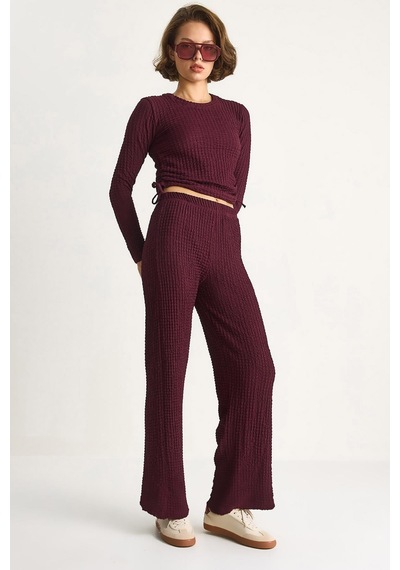 Shade Kadın Yanları Bağlamalı Crop Beli Lastikli Yüksek Bel Pantolonlu Bürümcük Takım 8075 60284110 - Mürdüm