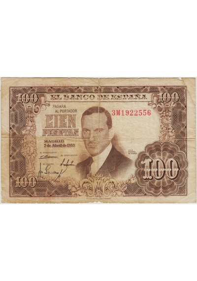 İspanya 100 Peseta 1953 Üst Kenarda 2 Cm Yırtık Haliyle.