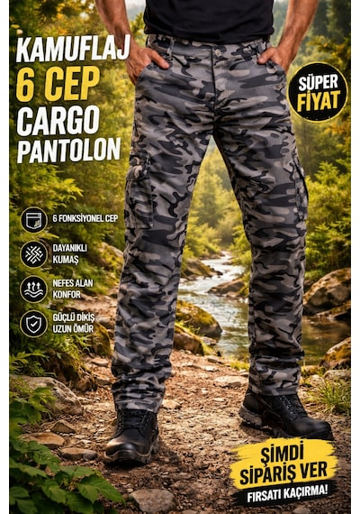No Brand Verox Fıt Erkek Kamuflaj Kargo Pantolon Rahat Kesim Çok Cepli Günlük Gri Gri