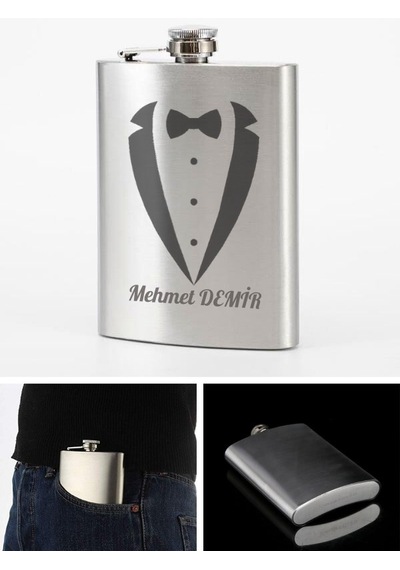 Kişiye Özel Smokin Damat Temalı 9 Oz Çelik Cep Matarası 266 Ml Sevgiliye Hediye Gümüş