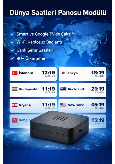 Dünya Saatleri Panosu Modülü Smart Tv Uyumlu Wi-fi Kablosuz 90+ Ülke