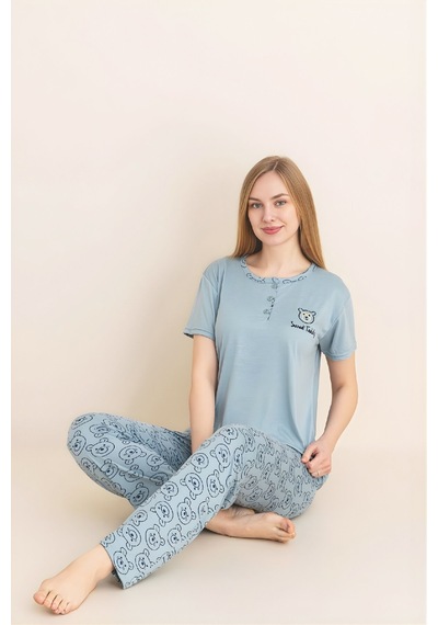 Enisena Kadın Pijama Takımı-menekşe Kumaş-3 Düğmeli-yaka Baskılı-12606sf Turkuaz Enisena Kadın Pijama Takımı-menekşe Kumaş-3 Düğmeli-yaka Baskılı-12606sf Turkuaz