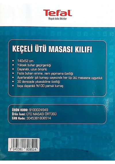Tefal Ütü Masası Kılıfı Bezi Örtüsü Keçeli %100 Pamuk Yüksek Buhar Geçirgenliği 140x52 Cm Dayanıklı Kumaş Renkli