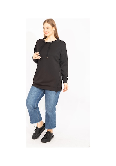 Şans Kadın Siyah Büyük Beden Yan Fermuar Yırtmaçlı Yakası Kuşgözü Detaylı Sweatshirt 65n35638-siyah Siyah