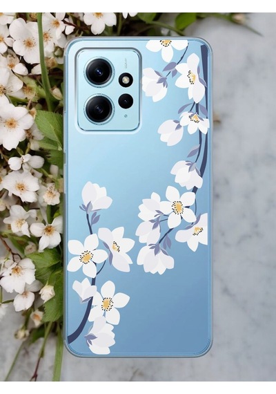 Xiaomi Redmi Note 12 4g Art White Flowers Tasarımlı Şeffaf Telefon Kılıfı Çok Renkli