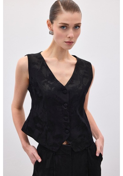 Sateen Jakarlı Yelek - Siyah-136839 Siyah