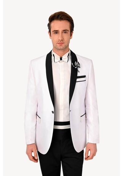 Ysf Erkek Beyaz Şal Yaka Slim Fit Damatlık