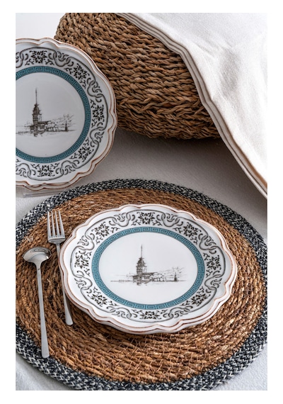 Kız Kulesi Desenli Porselen Pasta & Tatlı Tabağı Takımı İstanbul Motifli 6 Kişilik 6 Parça 21 Cm Beyaz