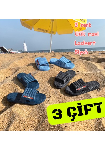 Gezer 3 Renk Kaymaz Tabanlı Set.. Deniz, Plaj, Banyo, Havuz, Wc Kaydırmaz Günlük Erkek Terlik Seti 3 Renk- Gök Mavi- Lacivert- Siyah