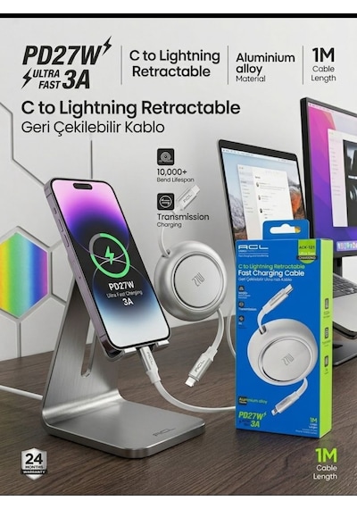 Acl Ack-121: 27w Pd Geri Çekilebilir Type-c Lightning Kablo - Lisinya