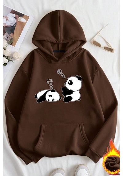 Unisex Panda Baskılı Oversize Sweatshirt Kahverengi