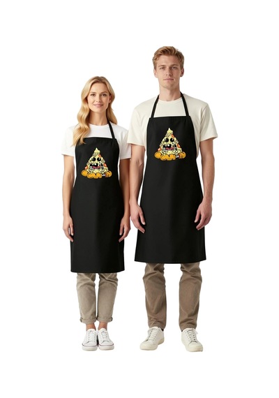 Unisex Mutfak Önlüğü Pizza Yüzlü Komik Baskılı Aşçı Rahat Kesim G Siyah