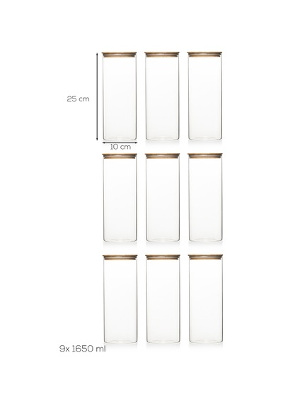 Porsima 3-3 Bambu Vakumlu Kapaklı Yuvarlak Borosilikat Cam 9lu Kavanoz Seti Saklama Kabı 1650ml 10x25cm Şeffaf