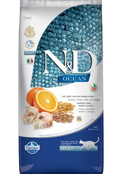 N&D Ocean Morina Balıklı ve Portakallı Düşük Tahıllı Yetişkin Kedi Maması 5 KG