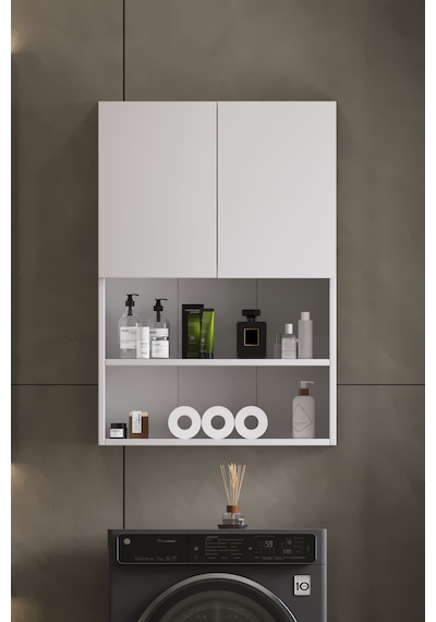 Deniz Modern Banyo Dolabı 2 Kapaklı Raflı Düzenleyici Çok Amaçlı Beyaz