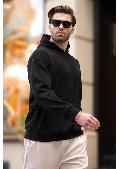 Madmext Siyah Kapüşonlu Cep Detaylı Dokulu Sweatshirt E7101 Siyah
