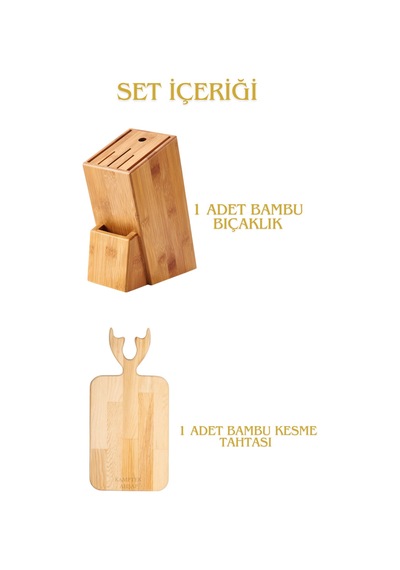 Kamptek Ahşap Bambu 2'li Mutfak Seti 1 Adet Bambu Bıçaklık 1 Adet Bambu Kesme Tahtası Set1 Kahverengi