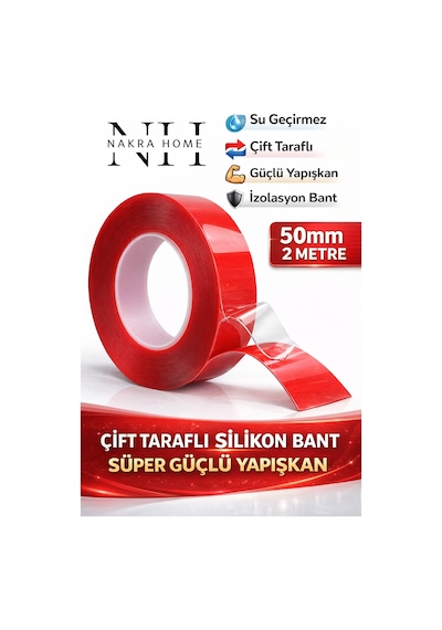 Çift Taraflı Silikon Bant İz Bırakmaz Şeffaf Bant Süper Güçlü Duvar Çerçeve Taşıyıcı 50 Mm X 2 M