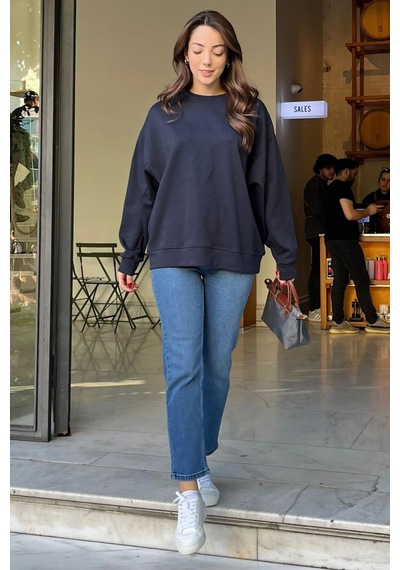 Lacivert Bisiklet Yaka Basic Sweatshirt Mg2185