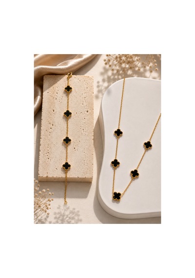 Çelik Yonca 2'li Set Model Bileklik Ve Kolye Siyah-altın - 900798680 Siyah-altın