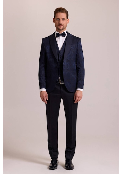 Ysf Erkek Lacivert Slim Fit Kırlangıç Yaka Desenli Damatlık