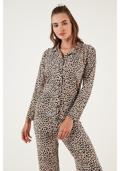 Lela Desenli Beli Lastikli Gömlek Yaka Dokuma Bayan Pijama Takımı 6095660W4 Leopar