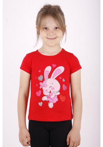 Toontoy Kids Toontoy Kız Çocuk Kalpli Tavşan Baskılı Tişört Kırmızı