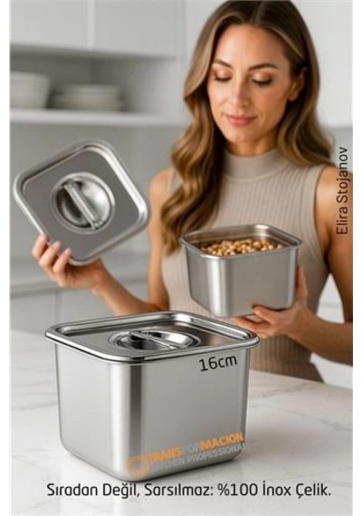 Premium Inox Saklama Kabı - Hava Sızdırmaz Mutfak Düzenleyici 16x12 Cm 304 Paslanmaz Çelik Açık Beyaz