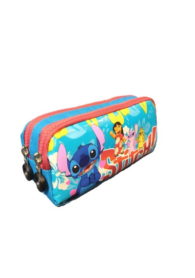Stitch Temalı Çift Gözlü Süper Kalite Kumaş Kalem Kutusu Çok Renkli