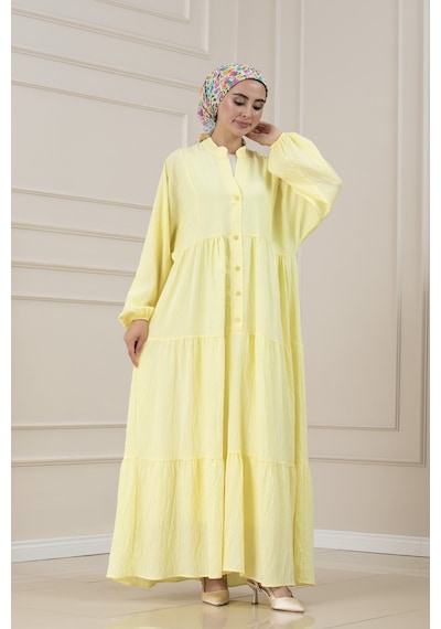 Sevitli Lilyum Kumaş Robalı Katya Elbise-sarı-5822