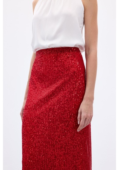 Sateen Karolin Midi Etek - Kırmızı-136653 Kırmızı