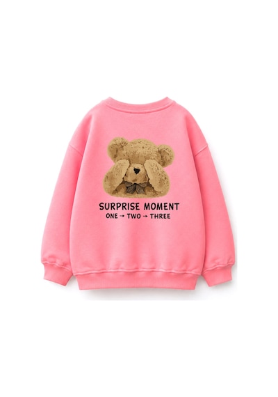 Monila Unisex Çocuk 3 İplik Kumaş Pamuklu Sırtı Ayıcık Baskılı Sweatshirt Pembe