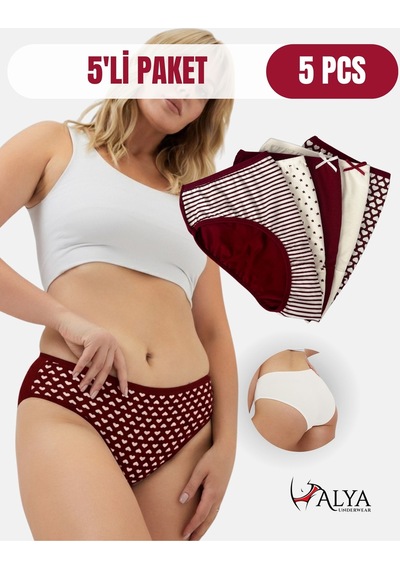 Alya Underwear Pamuklu Kadın Külot Slip Empirme Baskılı Yüksek Bel İç Çamaşırı - 5'li Paket - Lacivert Bordo P27