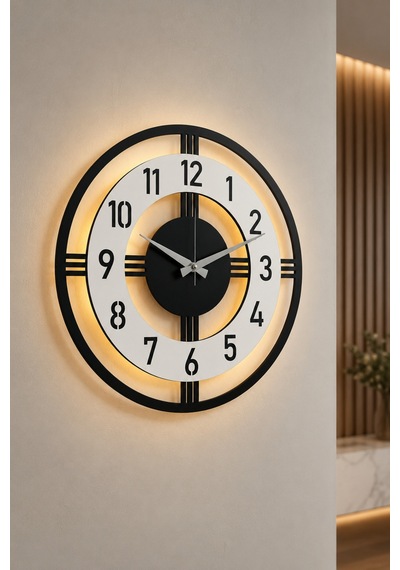 Pey Aksesuar Işıklı Ahşap Duvar Saati 48 Cm Dekoratif Modern Tasarım Beyaz