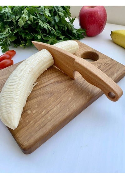 Ahşap Güvenli Çocuk Kesme Tahtası Ve Tekli Bıçak Seti Ahşap