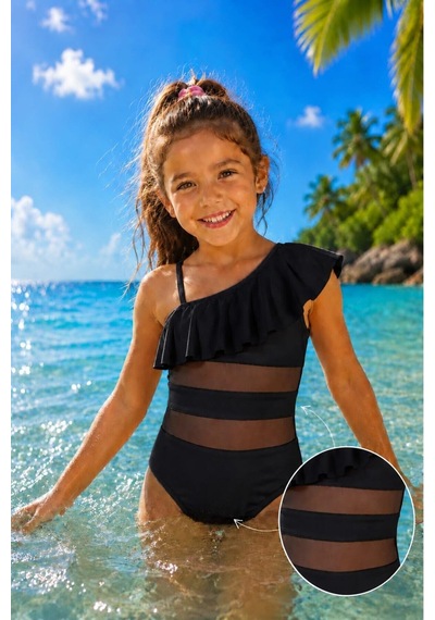 My Kids Wear Kız Çocuk Fırfır Ve Tül Detaylı Tek Parça Mayo. 12837 Siyah