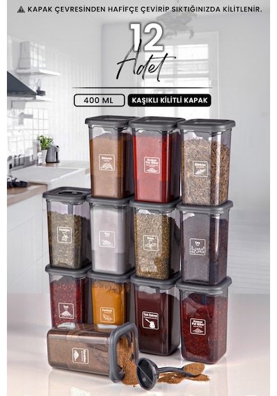KitchenLife Etiketli Kilitlenebilir Kapaklı Kendinden Kaşıklı Baharatlık Seti 12'li Siyah - Şeffaf